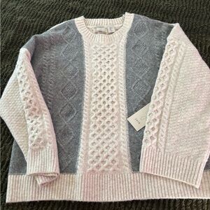NWT Joie Gray and Cream Cable Knit CrewNeck ColorBlock Sweater Pullover WOW